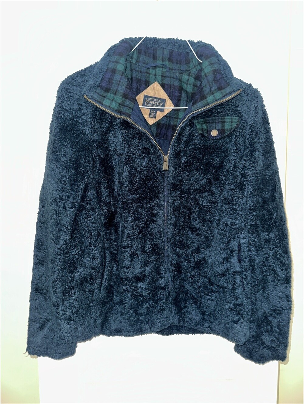 Pendleton Sherpa Fleece Jacket Womens Small Blue Black Watch Plaid Full Zip Cozy